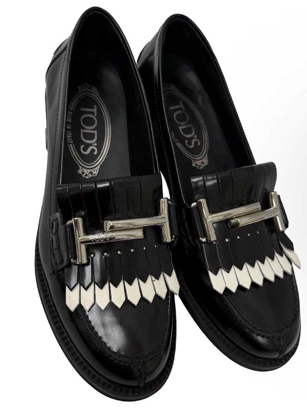 Tod's Black Leather Kiltie Loafers with White Fringe and Silver Hardware US 8.5